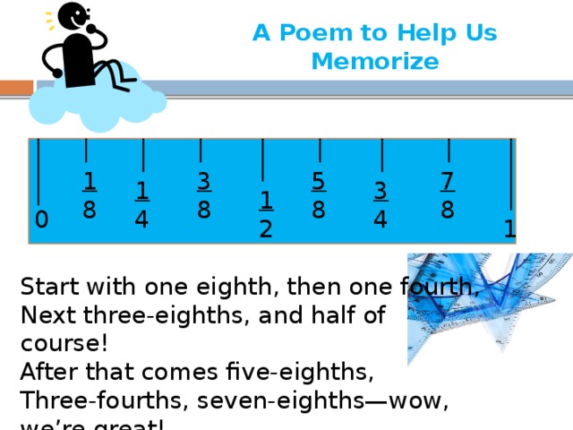 A Poem to Help Us Memorize 7 1 3 5 8 8 8 8 1 3 4 4 1 2 0 1 Start with one eighth, then one fourth, Next three-eighths, and half of course! After that comes five-eighths, Three-fourths, seven-eighths—wow, we’re great! 