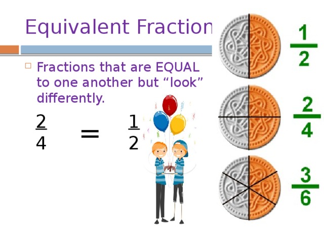 Equivalent Fractions Fractions that are EQUAL to one another but “look” differently. 2  1 4  2 =  