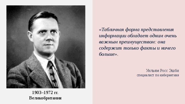 «Табличная форма представления информации обладает одним очень важным преимуществом: она содержит только факты и ничего больше».  Уильям Росс Эшби специалист по кибернетике 1903–1972 гг. Великобритания   