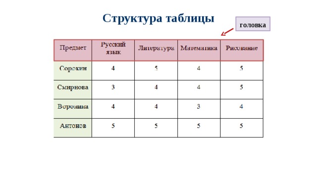 Структура таблицы головка 