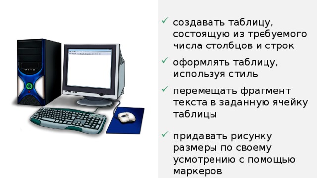 создавать таблицу, состоящую из требуемого числа столбцов и строк оформлять таблицу, используя стиль перемещать фрагмент текста в заданную ячейку таблицы придавать рисунку размеры по своему усмотрению с помощью маркеров 
