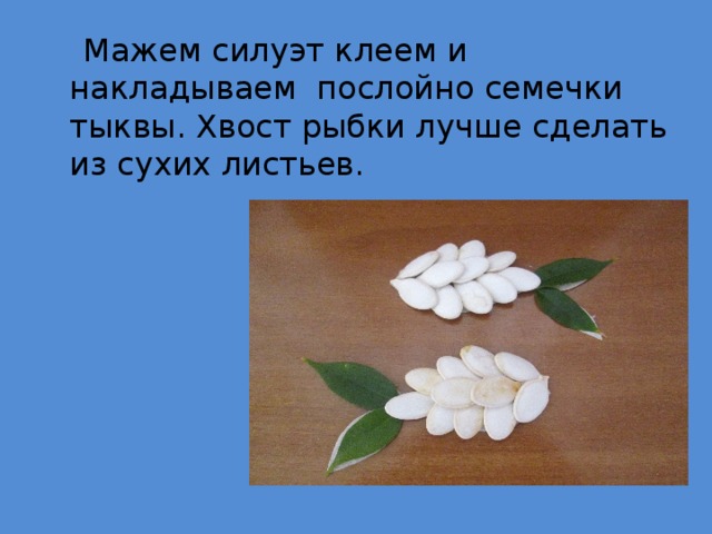  Мажем силуэт клеем и накладываем послойно семечки тыквы. Хвост рыбки лучше сделать из сухих листьев. 