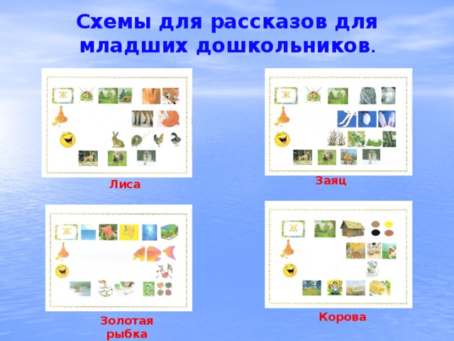 Схемы для рассказов для младших дошкольников . Заяц Лиса Корова Золотая рыбка 