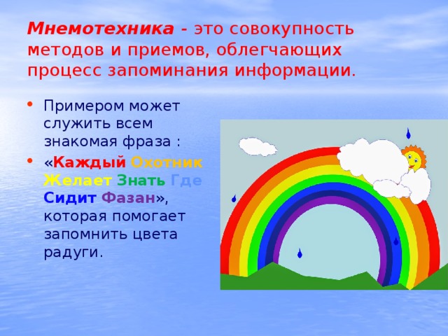 Мнемотехника -  это совокупность  методов и приемов, облегчающих процесс запоминания информации. Примером может служить всем знакомая фраза :  « Каждый  Охотник  Желает  Знать  Где  Сидит Фазан »,  которая помогает запомнить цвета  радуги. 