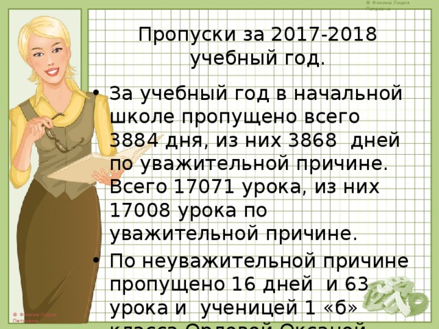 Пропуски за 2017-2018 учебный год. За учебный год в начальной школе пропущено всего 3884 дня, из них 3868 дней по уважительной причине. Всего 17071 урока, из них 17008 урока по уважительной причине. По неуважительной причине пропущено 16 дней и 63 урока и ученицей 1 «б» класса Орловой Оксаной . 