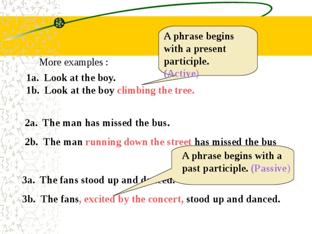 A phrase begins with a present participle. (Active ) More examples : 1a. Look at the boy. 1b. Look at the boy climbing the tree.  2a. The man has missed the bus.  2b. The man running down the street has missed the bus A phrase begins with a past participle. (Passive )  3a. The fans stood up and danced.  3b. The fans , excited by the concert, stood up and danced. 