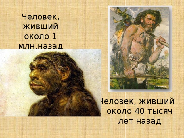 Человек, живший около 1 млн.назад Человек, живший около 40 тысяч лет назад 