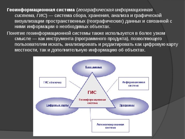 Геоинформационная система  ( географическая информационная система ,  ГИС ) — система сбора, хранения, анализа и графической визуализации пространственных (географических) данных и связанной с ними информации о необходимых объектах. Понятие геоинформационной системы также используется в более узком смысле — как инструмента (программного продукта), позволяющего пользователям искать, анализировать и редактировать как цифровую карту местности, так и дополнительную информацию об объектах. 