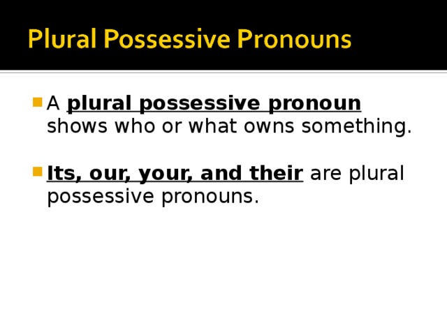 A plural possessive pronoun shows who or what owns something.  Its, our, your, and their are plural possessive pronouns. 