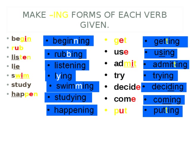 MAKE –ING FORMS OF EACH VERB GIVEN. be g i n r u b lis t e n l ie s w i m study ha p p e n g e t us e ad m i t try decid e com e p u t 