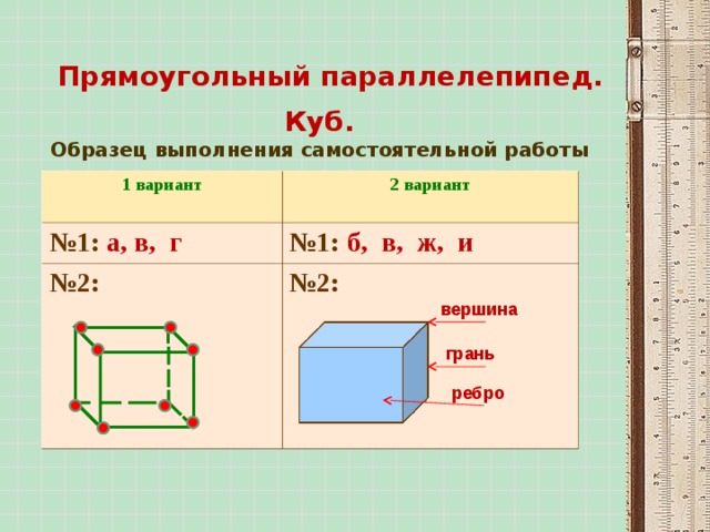 Прямоугольный параллелепипед. Куб.  Образец выполнения самостоятельной работы 1 вариант 2 вариант  № 1: а, в, г № 1: б, в, ж, и № 2: № 2: вершина грань ребро