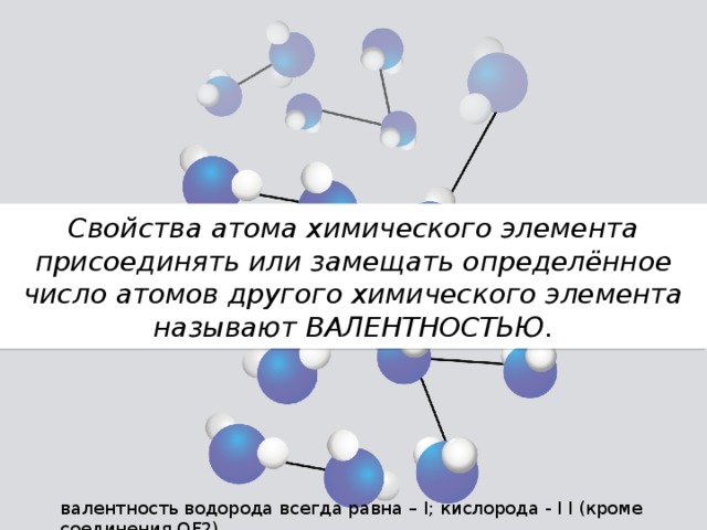 Свойства атома химического элемента присоединять или замещать определённое число атомов другого химического элемента называют ВАЛЕНТНОСТЬЮ. валентность водорода всегда равна – I; кислорода - I I (кроме соединения OF2 ) 
