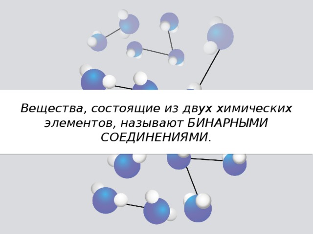 Вещества, состоящие из двух химических элементов, называют БИНАРНЫМИ СОЕДИНЕНИЯМИ. 