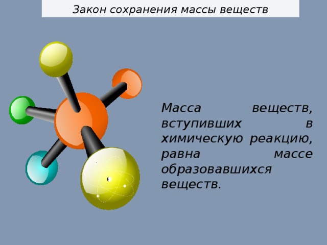 Закон сохранения массы веществ Масса веществ, вступивших в химическую реакцию, равна массе образовавшихся веществ. 