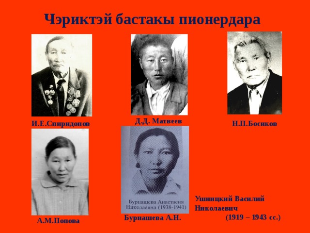 Чэриктэй бастакы пионердара Д.Д. Матвеев И.Е.Спиридонов  Н.П.Босиков  Ушницкий Василий Николаевич  (1919 – 1943 сс.)  Бурнашева А.Н. А.М.Попова  