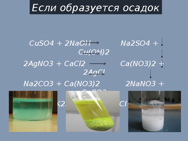 Если образуется осадок CuSO4 + 2NaOH Na2SO4 + Cu(OH)2 2AgNO3 + CaCl2 Ca(NO3)2 + 2AgCl Na2CO3 + Ca(NO3)2 2NaNO3 + CaCO3 BaCl2 + K2SO4 2KCl + BaSO4 