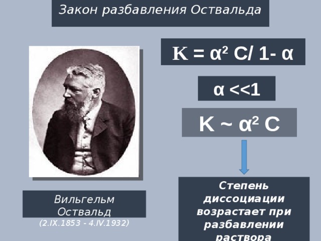 Закон разбавления Оствальда K = α 2 C/ 1- α α  1 K ~ α 2 C Степень диссоциации возрастает при разбавлении раствора Вильгельм Оствальд  (2.IX.1853 - 4.IV.1932)  