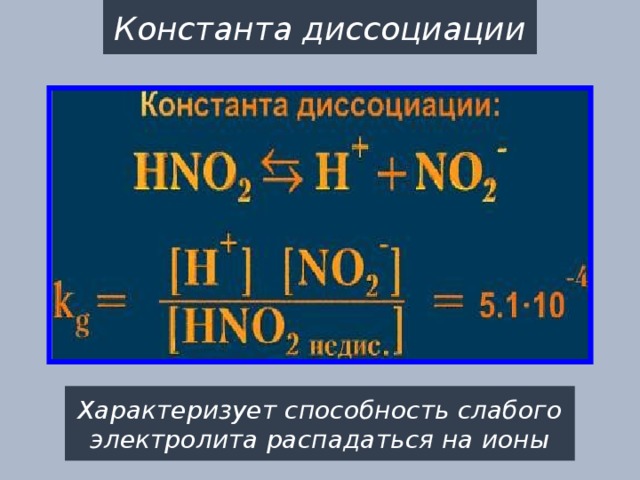 Константа диссоциации Характеризует способность слабого электролита распадаться на ионы 