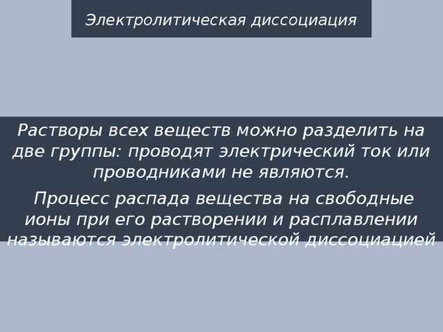 Электролитическая диссоциация Растворы всех веществ можно разделить на две группы: проводят электрический ток или проводниками не являются.  Процесс распада вещества на свободные ионы при его растворении и расплавлении называются электролитической диссоциацией 