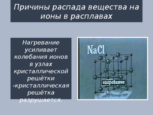 Причины распада вещества на ионы в расплавах Нагревание усиливает колебания ионов в узлах кристаллической решётки -кристаллическая решётка разрушается. 