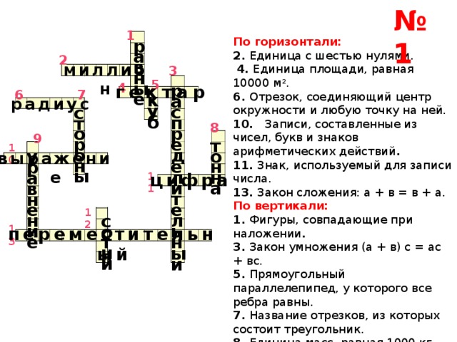 № 1 1 По горизонтали: 2.  Единица с шестью нулями.   4.  Единица площади, равная 10000 м 2 .  6.  Отрезок, соединяющий центр окружности и любую точку на ней.  10.   Записи, составленные из чисел, букв и знаков арифметических действий . 11.  Знак, используемый для записи числа.  13.  Закон сложения: а + в = в + а. По вертикали:   1.  Фигуры, совпадающие при наложении . 3.  Закон умножения (а + в) с = ас + вс. 5.  Прямоугольный параллелепипед, у которого все ребра равны.  7.  Название отрезков, из которых состоит треугольник.  8.  Единица масс, равная 1000 кг.  9.  Равенство, содержащее неизвестное. 12.  Третий разряд любого класса. равные 2 миллион 3 5 распределительный 4 гектар 7 6 куб радиус стороны 8 9 тонна 10 уравнение выражение цифра 11 12 сотни После запуска презентации, чтобы появилось слово необходимо нажать на число. 13 переместительный  