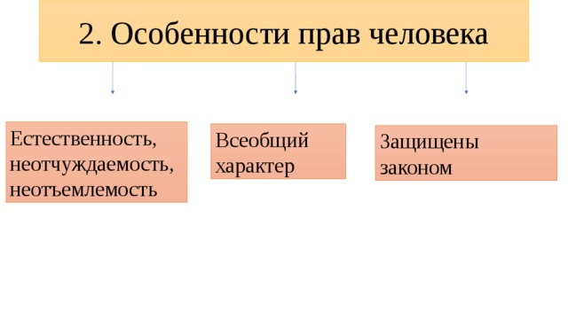 2. Особенности прав человека Естественность, неотчуждаемость, неотъемлемость Всеобщий характер Защищены законом 