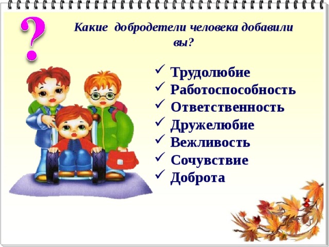 Какие добродетели человека добавили вы? Трудолюбие Работоспособность Ответственность Дружелюбие Вежливость Сочувствие Доброта   