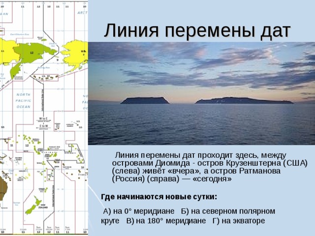  Линия перемены дат  Линия перемены дат проходит здесь, между островами Диомида - остров Крузенштерна (США) (слева) живёт «вчера», а остров Ратманова (Россия) (справа) — «сегодня» Где начинаются новые сутки:  А) на 0° меридиане Б) на северном полярном круге В) на 180° меридиане Г) на экваторе 