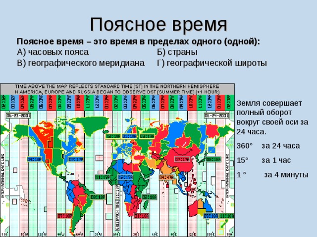 Поясное время Поясное время – это время в пределах одного (одной):  А) часовых пояса Б) страны В) географического меридиана Г) географической широты Земля совершает полный оборот вокруг своей оси за 24 часа. 360 ° за 24 часа 15 ° за 1 час 1 ° за 4 минуты 