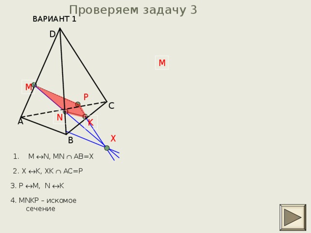 Проверяем задачу 3 ВАРИАНТ 1     D M M P C N A K X B M  N, MN  AB=X  2. X  K, XK  AC=P 3. P  M, N  K 4. MNKP – искомое сечение 