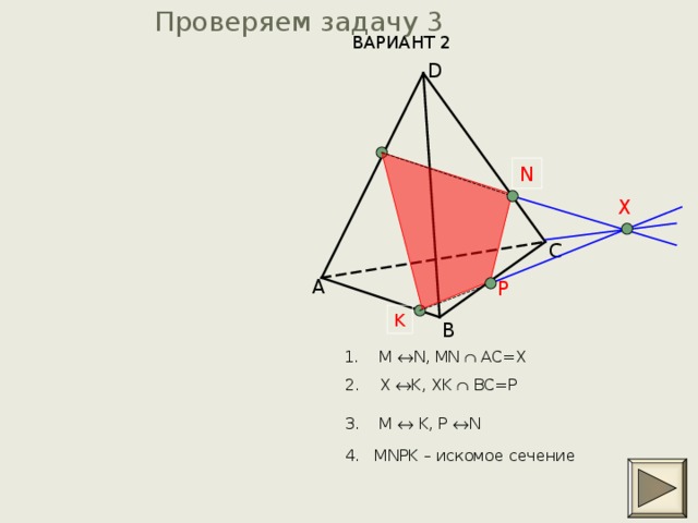Проверяем задачу 3     ВАРИАНТ 2 D N X C A P K B M  N, MN  AC=X  X  K, XK  BC=P 3.  M    K , P  N 4.   MNPK – искомое сечение 
