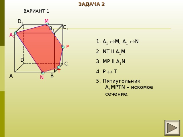 ЗАДАЧА 2 ВАРИАНТ 1  M D 1 C 1 B 1 A 1 1. A 1   M, A 1   N 2. NT ll A 1 M 3. MP ll A 1 N 4. P   T 5. Пятиугольник A 1 MPTN – искомое сечение. P D C T B A  N 