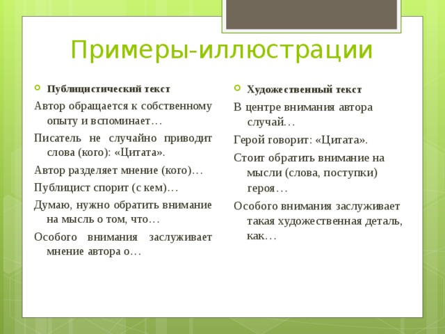 Примеры-иллюстрации Публицистический текст Художественный текст Автор обращается к собственному опыту и вспоминает… Писатель не случайно приводит слова (кого): «Цитата». Автор разделяет мнение (кого)… Публицист спорит (с кем)… Думаю, нужно обратить внимание на мысль о том, что… Особого внимания заслуживает мнение автора о… В центре внимания автора случай… Герой говорит: «Цитата». Стоит обратить внимание на мысли (слова, поступки) героя… Особого внимания заслуживает такая художественная деталь, как… 
