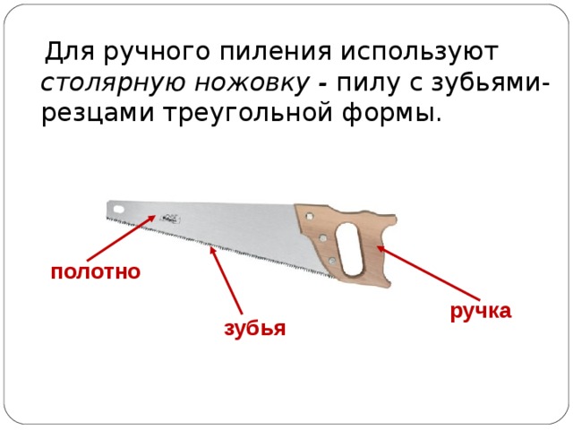  Для ручного пиления используют столярную ножовку - пилу с зубьями-резцами треугольной формы. полотно ручка зубья 