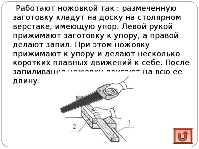  Работают ножовкой так : размеченную заготовку кладут на доску на столярном верстаке, имеющую упор. Левой рукой прижимают заготовку к упору, а правой делают запил. При этом ножовку прижимают к упору и делают несколько коротких плавных движений к себе. После запиливания ножовку двигают на всю ее длину. 