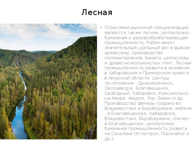 Лесная Отраслями рыночной специализации являются также лесная, целлюлозно-бумажная и деревообрабатывающая промышленность. Район имеет значительный удельный вес в вывозе древесины, производстве пиломатериалов, бумаги, целлюлозы и древесно-волокнистых плит. Лесная промышленность развита в основном в Хабаровском и Приморском краях и в Амурской области. Центры лесопиления - Дальнереченск, Лесозаводск, Благовещенск, Свободный, Хабаровск, Комсомольск-на-Амуре, Амурск, Хор, Бикин и др. Производство фанеры создано во Владивостоке и Биробиджане, мебели - в Благовещенске, Хабаровске, Владивостоке, Биробиджане, спичек - в Благовещенске, целлюлозно-бумажная промышленность развита на Сахалине (Углегорск, Поронайск и др.). 