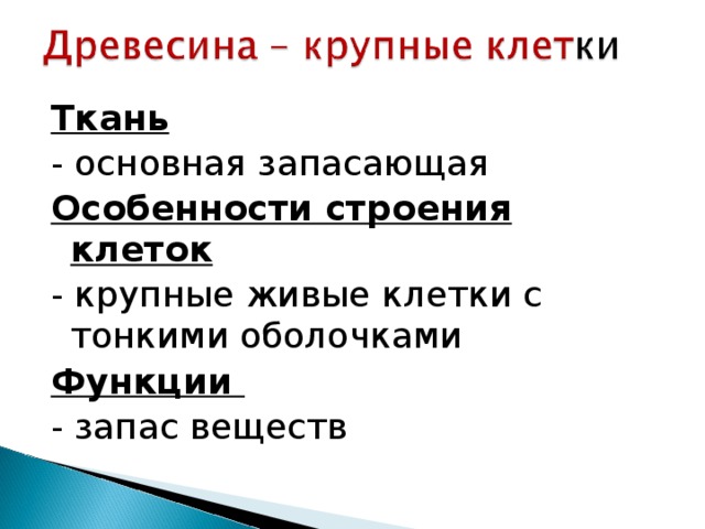 Ткань - основная запасающая Особенности строения клеток - крупные живые клетки с тонкими оболочками Функции - запас веществ 