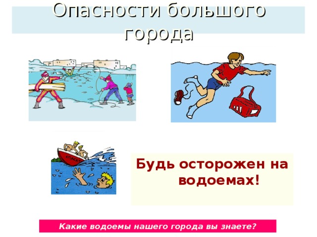 Опасности большого города Будь осторожен на водоемах! Какие водоемы нашего города вы знаете? 