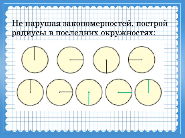 Не нарушая закономерностей, построй радиусы в последних окружностях:  
