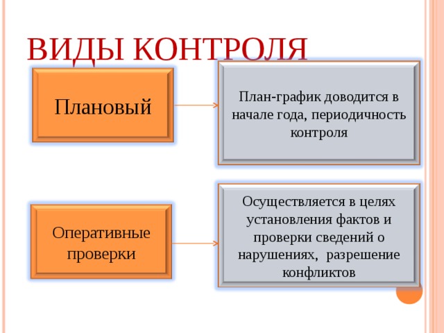 ВИДЫ КОНТРОЛЯ План-график доводится в начале года, периодичность контроля Плановый Осуществляется в целях установления фактов и проверки сведений о нарушениях, разрешение конфликтов Оперативные проверки 