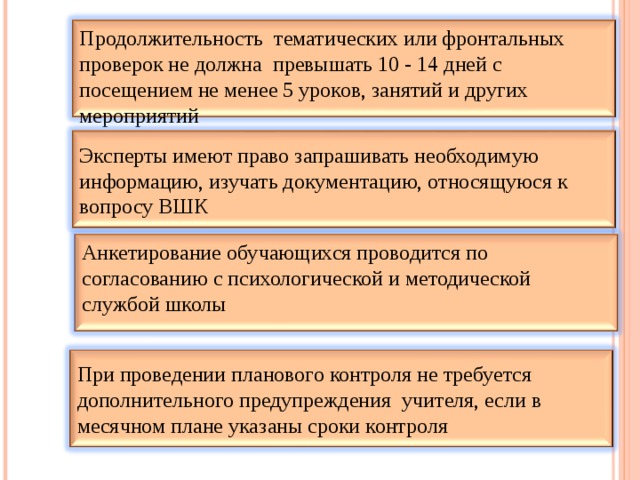 Продолжительность тематических или фронтальных проверок не должна превышать 10 - 14 дней с посещением не менее 5 уроков, занятий и других мероприятий Эксперты имеют право запрашивать необходимую информацию, изучать документацию, относящуюся к вопросу ВШК Анкетирование обучающихся проводится по согласованию с психологической и методической службой школы При проведении планового контроля не требуется дополнительного предупреждения учителя, если в месячном плане указаны сроки контроля 
