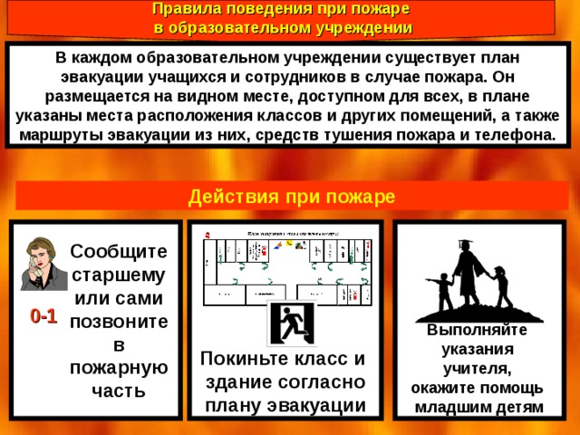 Правила поведения при пожаре  в образовательном учреждении В каждом образовательном учреждении существует план эвакуации учащихся и сотрудников в случае пожара. Он размещается на видном месте, доступном для всех, в плане указаны места расположения классов и других помещений, а также маршруты эвакуации из них, средств тушения пожара и телефона. Действия при пожаре Покиньте класс и здание согласно плану эвакуации Выполняйте указания учителя, окажите помощь младшим детям Сообщите старшему или сами позвоните в пожарную часть 0-1 