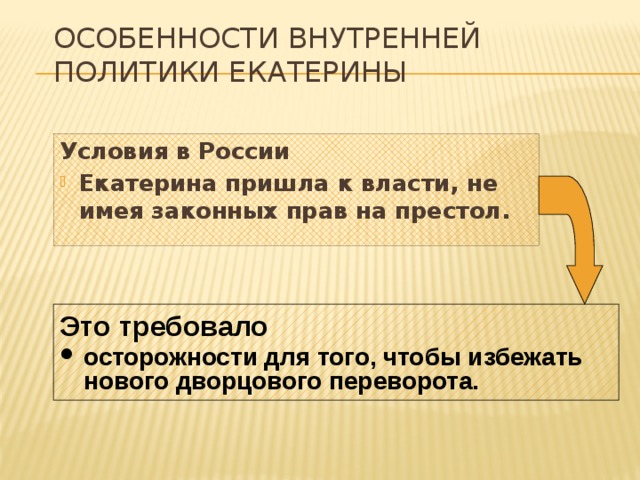 Особенности внутренней политики Екатерины Условия в России Екатерина пришла к власти, не имея законных прав на престол.  Это требовало  осторожности для того, чтобы избежать нового дворцового переворота. 