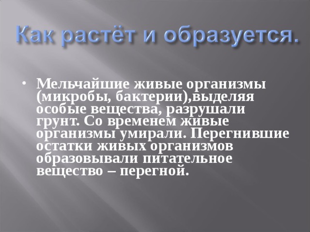 Мельчайшие живые организмы (микробы, бактерии),выделяя особые вещества, разрушали грунт. Со временем живые организмы умирали. Перегнившие остатки живых организмов образовывали питательное вещество – перегной.   