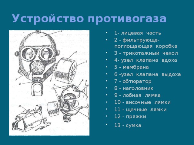 Устройство противогаза 1- лицевая  часть  2 - фильтрующе-поглощающая  коробка 3 - трикотажный  чехол  4- узел  клапана  вдоха  5 - мембрана  6 -узел  клапана  выдоха  7 - обтюратор  8 - наголовник  9 - лобная  лямка  10 - височные  лямки  11 - щечные  лямки  12 - пряжки  13 - сумка               