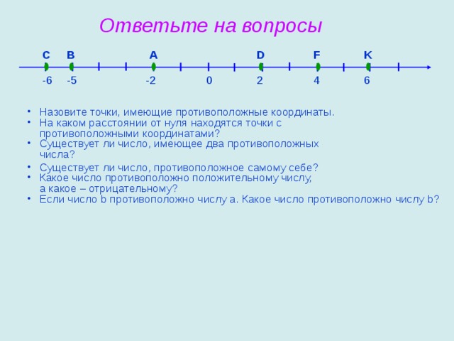 Ответьте на вопросы C B A D F K -2 -6 6 4 2 0 -5 Назовите точки, имеющие противоположные координаты. На каком расстоянии от нуля находятся точки с  противоположными координатами? Существует ли число, имеющее два противоположных  числа? Существует ли число, противоположное самому себе? Какое число противоположно положительному числу,  а какое – отрицательному? Если число b противоположно числу a . Какое число противоположно числу b ? 