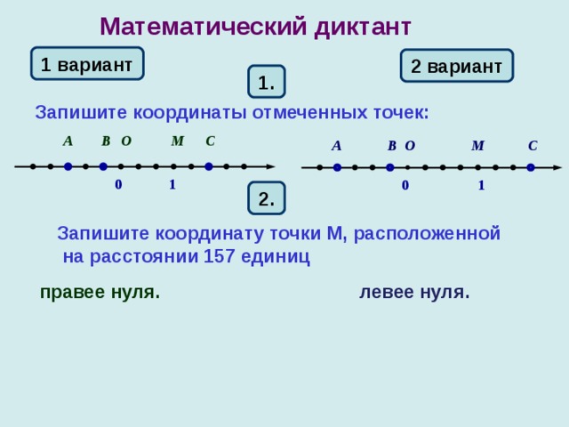 Математический диктант 1 вариант 2 вариант 1. Запишите  координаты отмеченных точек:  A  B О М C  A  B O  M  C 0     1 0     1 2. Запишите координату точки М, расположенной  на расстоянии 157 единиц правее нуля. левее нуля. 