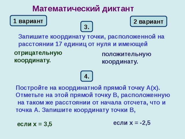 Математический диктант 1 вариант 2 вариант 3.  Запишите координату точки, расположенной на расстоянии 17 единиц от нуля и имеющей отрицательную координату.  положительную координату.  4. Постройте на координатной прямой точку А(х). Отметьте на этой прямой точку В, расположенную  на таком же расстоянии от начала отсчета, что и точка А. Запишите координату точки В, если х = -2,5 если х = 3,5 