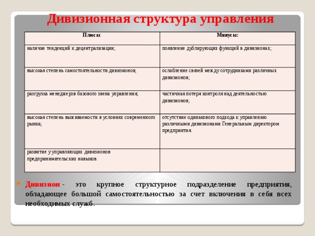 Дивизионная структура управления   Плюсы : Минусы: наличие тенденций к децентрализации; появление дублирующих функций в дивизионах; высокая степень самостоятельности дивизионов; ослабление связей между сотрудниками различных дивизионов; разгрузка менеджеров базового звена управления; частичная потеря контроля над деятельностью дивизионов; высокая степень выживаемости в условиях современного рынка; отсутствие одинакового подхода к управлению различными дивизионами Генеральным директором предприятия. развитие у управляющих дивизионов предпринимательских навыков. Дивизион  - это крупное структурное подразделение предприятия, обладающее большой самостоятельностью за счет включения в себя всех необходимых служб. 