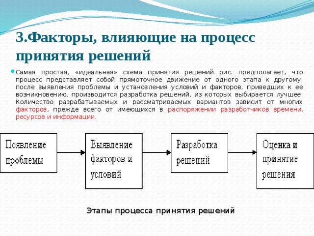 3.Факторы, влияющие на процесс принятия решений Самая простая, «идеальная» схема принятия решений рис. предполагает, что процесс представляет собой прямоточное движение от одного этапа к другому: после выявления проблемы и установления условий и факторов, приведших к ее возникновению, производится разработка решений, из которых выбирается лучшее. Количество разрабатываемых и рассматриваемых вариантов зависит от многих факторов , прежде всего от имеющихся в распоряжении  разработчиков времени, ресурсов и информации. Этапы процесса принятия решений 